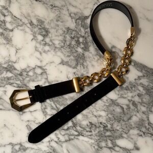 Vintage 80s 90s Suede Leather Chain Statement Belt Large Gold Buckle size Medium
